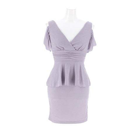 1/23新作!スタイルUP！繊細グリッターが輝くぺプラムオフショルタイトミニ丈キャバドレス[SML/3サイズ展開](パープルグレー-Sサイズ)