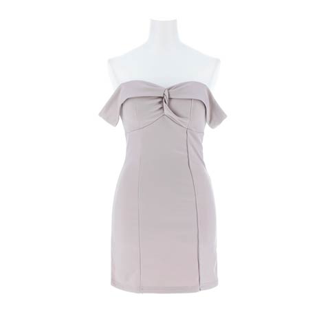 3/18新作!ボディライン際立つタイトシルエットツイストオフショルミニ丈キャバドレス[SML/3サイズ展開](パープルグレー-Sサイズ)