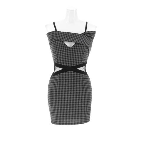 11/5新作!チラ見せ谷間にウエストシアーで美くびれ爆誕!!チェック柄オフショルタイトミニ丈キャバドレス[SML/3サイズ展開](ダークグレイ-Sサイズ)