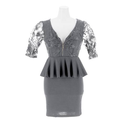 11/5新作!SEXY谷間ジップにペプラムでスタイル抜群のフラワーレース五分袖タイトミニ丈キャバドレス[SML/3サイズ展開](ダークグレイ-Sサイズ)