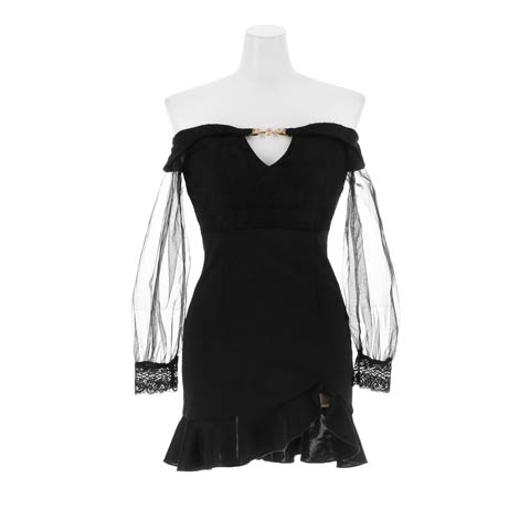 11/7新作!オフショル×谷間バックルで超えちえちシアー袖で二の腕カバーするマーメイドミニ丈キャバドレス[SML/3サイズ展開](ブラック-Sサイズ)