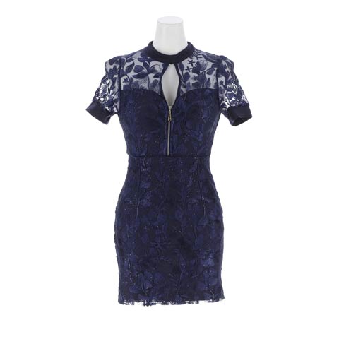 10/29新作!華やかラメSEXY谷間ジップシアー半袖タイトミニ丈キャバドレス[SML/3サイズ展開](ネイビー-Sサイズ)