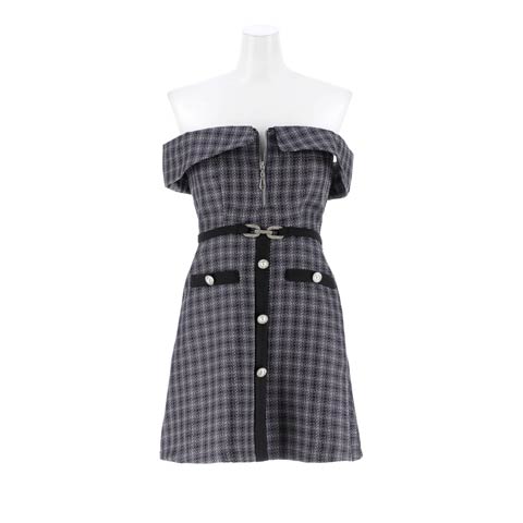 12/5新作![明日花キララ着用]肩見せオフショル×谷間ジップツイードにお尻カバーするAラインミニ丈キャバドレス(ブラック×グレー-Sサイズ)