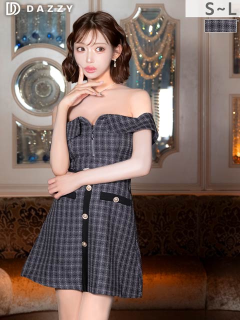 12/5新作![明日花キララ着用]肩見せオフショル×谷間ジップツイードにお尻カバーするAラインミニ丈キャバドレス