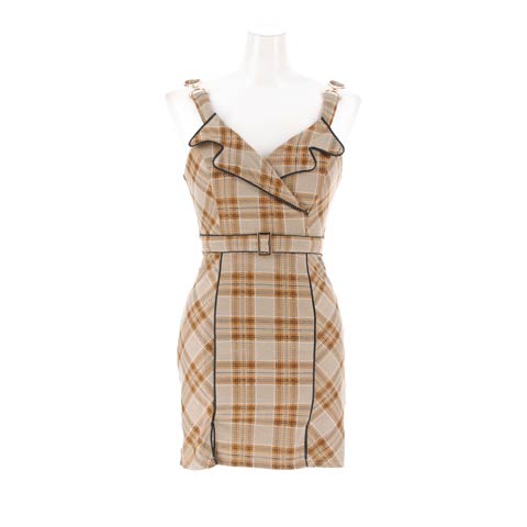 12/24新作![伊藤桃々着用]SEXYなチェック柄襟付きVネックパイピングベルトモチーフタイトミニ丈キャバドレス[SML/3サイズ展開](ベージュ-Sサイズ)