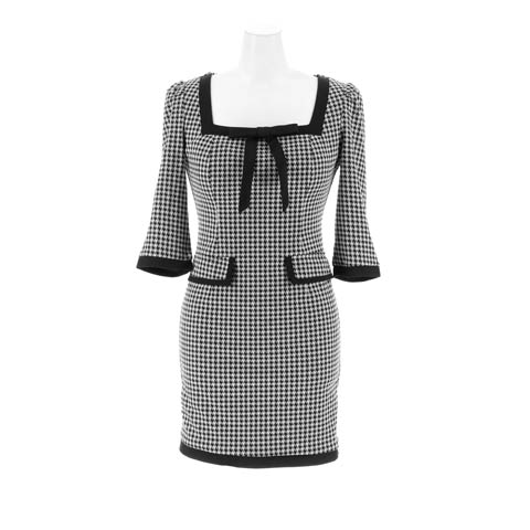 12/10新作!【LLサイズあり】デコルテ魅せスクエアネック胸元リボンチェック七分袖タイトミニ丈キャバドレス(ブラック-Sサイズ)