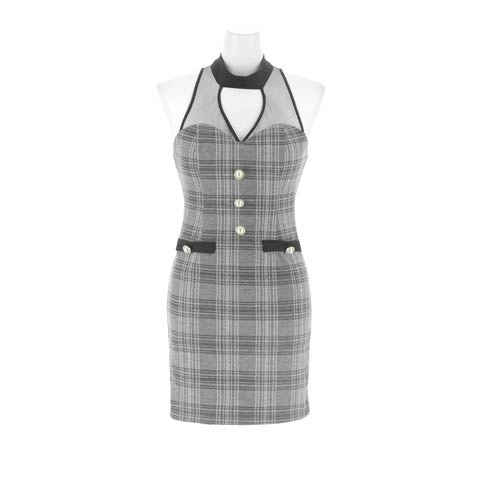 2/25新作!【谷間魅せ】大胆ホール×チェック柄シアーアメスリのタイトミニ丈キャバドレス[SML/3サイズ展開](ブラック-Sサイズ)