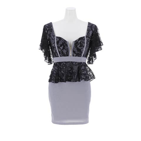 11/26新作!大人の色気与える胸元ジップに透けレースフレア袖×ペプラムで体型カバーするミニ丈キャバドレス(ブラックグレー-Sサイズ)