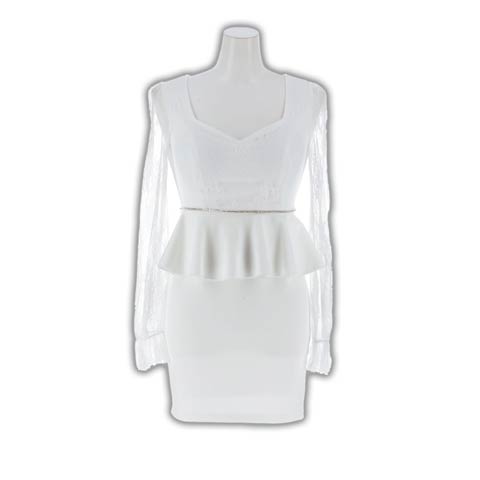 12/24新作!美デコルテ叶うスクエアネック×華奢魅せウエストビジューペプラムシアーレース長袖タイトミニ丈キャバドレス[SML/3サイズ展開](ホワイト-Sサイズ)