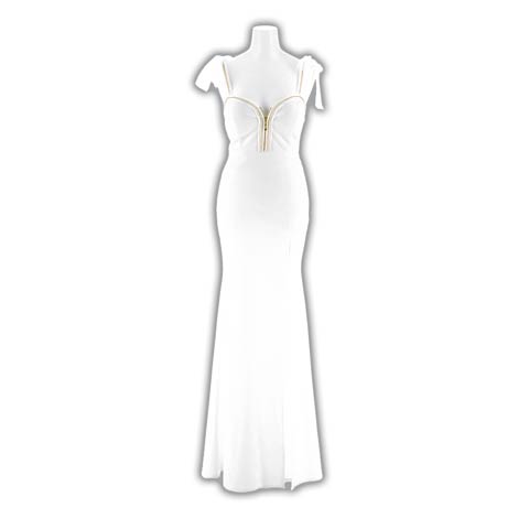 2/13新作!高級感を演出するゴールドライン×バストカットのチュールリボン袖マーメイドロング丈キャバドレス[SML/3サイズ展開](ホワイト-Sサイズ)