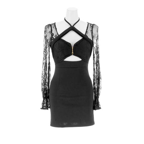 1/5新作!大人の色気感じるデコルテクロス谷間ジップ×素肌透けレース長袖タイトミニ丈キャバドレス*(ブラック-Sサイズ)