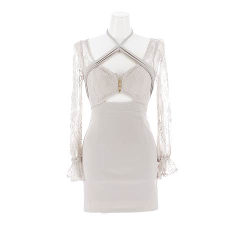 1/5新作!大人の色気感じるデコルテクロス谷間ジップ×素肌透けレース長袖タイトミニ丈キャバドレス*(パープルグレー-Sサイズ)