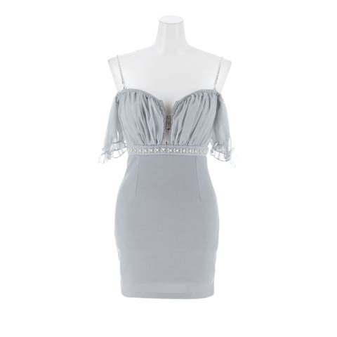 1/7新作![ビジュー肩紐付き]えちえちオフショル谷間ジップ二の腕カバーシフォンタイトミニ丈キャバドレス(ブルーグレー-Sサイズ)