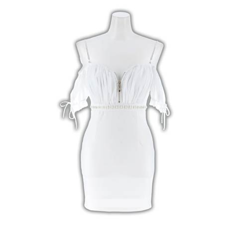 1/7新作![ビジュー肩紐付き]えちえちオフショル谷間ジップ二の腕カバーシフォンタイトミニ丈キャバドレス(ホワイト-Sサイズ)