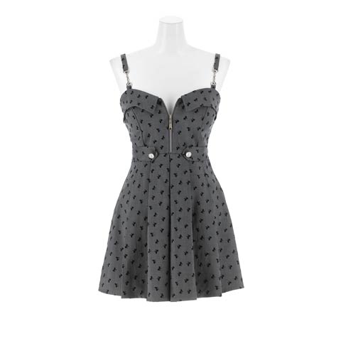 1/5新作!えちあまリボン柄キャミソール×胸元ジップ体型カバーAラインミニ丈キャバドレス(グレー-Sサイズ)