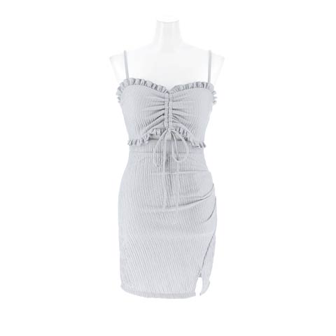 12/17新作!上品な胸元シャーリングフリル×ウエスト魅せカットキャミソールタイトミニ丈キャバドレス[SML/3サイズ展開](グレー-Sサイズ)