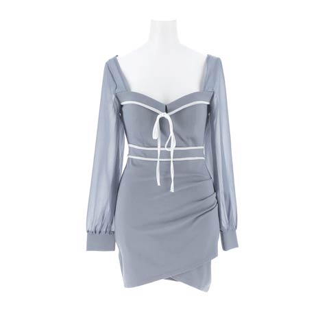 3/13新作!バイカラーフロントリボン×二の腕隠しシフォン長袖のタイトミニ丈キャバドレス[SML/3サイズ展開](ブルー-Sサイズ)