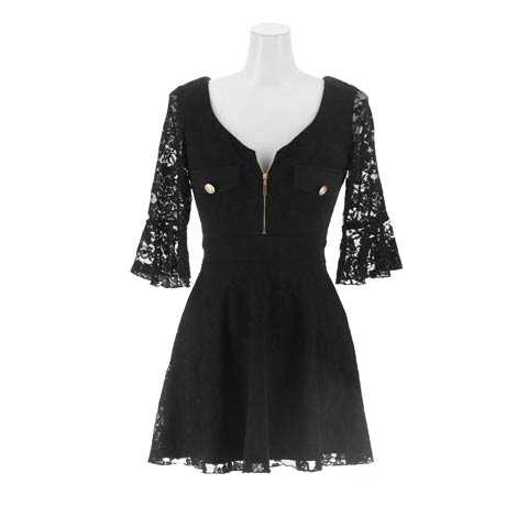 2/13新作!好みで谷間魅せできるジップ×上品オールレースのフレア七分袖Aラインドレス[SML/3サイズ展開](ブラック-Sサイズ)