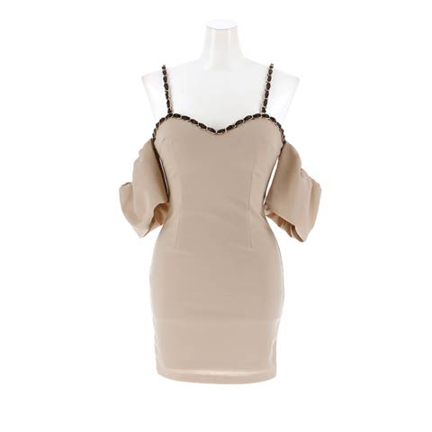 2/2新作!ふんわりオフショル袖でSEXYに華奢見せするバイカラーラインタイトミニ丈キャバドレス[SML/3サイズ展開](モカ-Sサイズ)