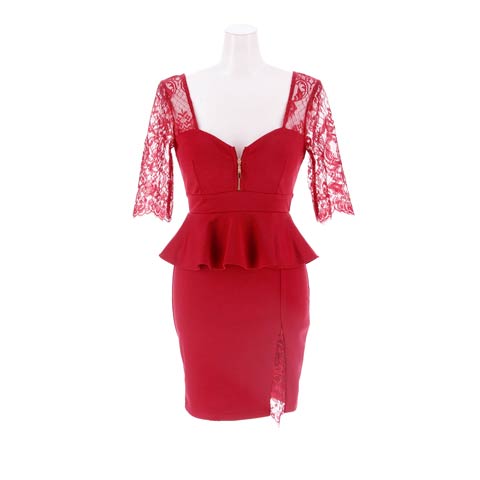 3/13新作!主役カラーのシアーレース五分袖×谷間魅せジップのペプラムタイトタイトミニ丈キャバドレス[SML/3サイズ展開](ワインレッド-Sサイズ)