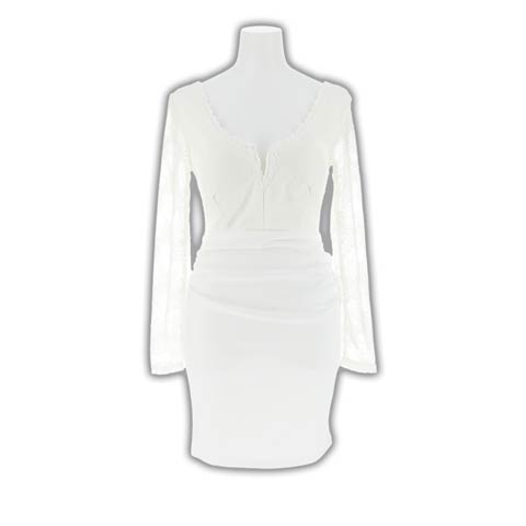 2/24新作!Vカットシアーレース切り替え長袖タイトミニ丈キャバドレス[SML/3サイズ展開](ホワイト-Sサイズ)