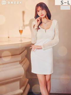 2/24新作!Vカットシアーレース切り替え長袖タイトミニ丈キャバドレス[SML/3サイズ展開]