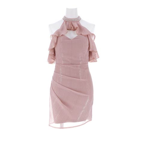 2/2新作![伊藤桃々着用]キラキラ輝く胸元ビジュー×肩出しアメスリフリル袖オフショルタイトミニ丈キャバドレス[SML/3サイズ展開](ダスティピンク-Sサイズ)