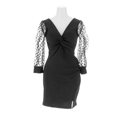 3/2新作!二の腕隠せるツイストＶネックドットシアー七分袖タイトミニ丈キャバドレス[SML/3サイズ展開](ブラック-Sサイズ)