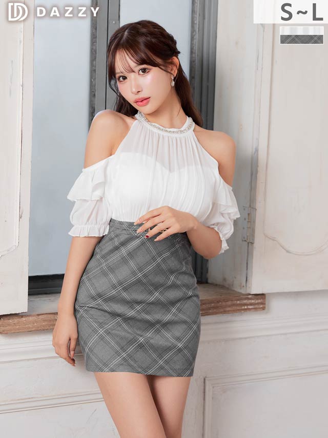 2/9新作![伊藤桃々着用]清楚なチェック柄×肩出しシフォンのオフショルタイトミニ丈キャバドレス[SML/3サイズ展開]