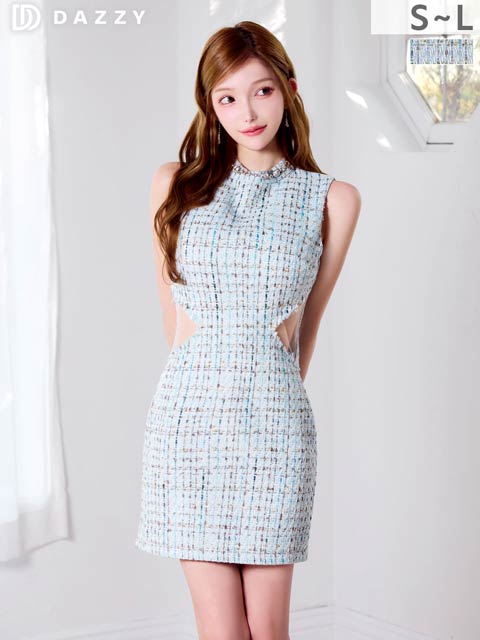 3/9新作!くびれ爆誕！ウエストカットに首元ビジューが華やかタイトミニ丈キャバドレス[SML/3サイズ展開]