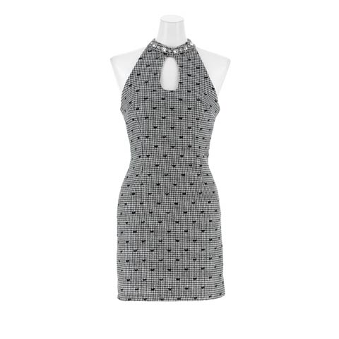 12/26新作!大人SEXY谷間魅せリボン千鳥格子柄アメスリネックビジュータイトミニ丈キャバドレス(グレー-Sサイズ)