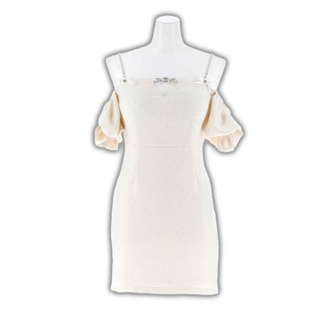 1/5新作!SEXY肩見せオフショル×輝くツイードビジューストーンパフスリーブタイトミニ丈キャバドレス(ホワイト-Sサイズ)