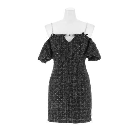 1/5新作!SEXY肩見せオフショル×輝くツイードビジューストーンパフスリーブタイトミニ丈キャバドレス(グレー-Sサイズ)