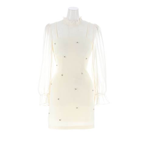 12/22新作![伊藤桃々着用]キラキラビジューツイード×透けでSEXYに魅せるハイネックシアー長袖ミニ丈キャバドレス(アイボリー-Sサイズ)