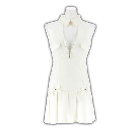 1/7新作!大人SEXYさ感じる襟付きファスナーアメスリにCUTEなリボンプリーツAラインミニ丈キャバドレス(アイボリー-Sサイズ)