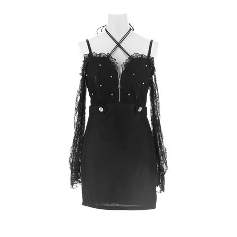 2/12新作!ビジューが華やかなクロスデザイン×谷間ジップの長袖レースオフショルキャバドレス[SML/3サイズ展開](ブラック-Sサイズ)