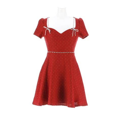 12/19新作!主役級に輝くビジューリボンモチーフ×ラインストーン華奢魅せ半袖Aラインミニ丈キャバドレス[SML/3サイズ展開](レッド-Sサイズ)