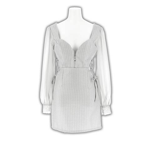 2/13新作!シアーな透け感×レースアップが色っぽいシフォン長袖のツイードミニ丈キャバドレス[SML/3サイズ展開](ライトブルー-Sサイズ)