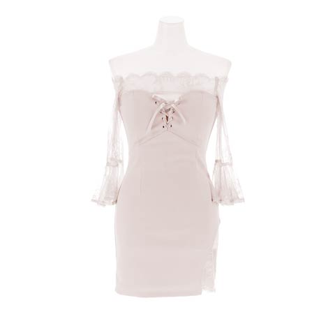 1/23新作!レースアップと肌魅せレースがSEXYデコルテオフショルタイトミニ丈キャバドレス[SML/3サイズ展開](パープルグレー-Sサイズ)