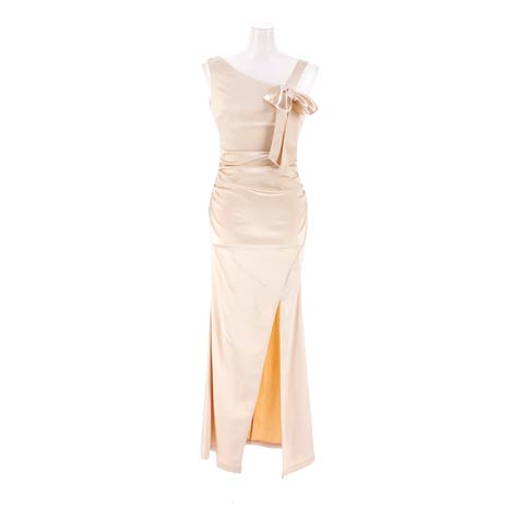 12/26新作!光沢サテンSEXYリボンワンショル美脚魅せスリットタイトロング丈キャバドレス(ゴールド-Sサイズ)