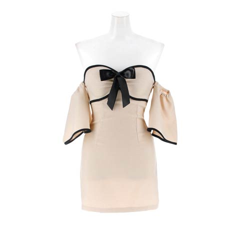 3/11新作![明日花キララ着用]胸元リボンが大人可愛いオフショルベアトップタイトミニ丈キャバドレス[SML/3サイズ展開](ベージュ-Sサイズ)