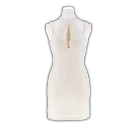 3/27新作!上品&華やかなラメツイード♪チェーンストラップのアメスリタイトミニ丈キャバドレス[SML/3サイズ展開](ホワイト-Sサイズ)