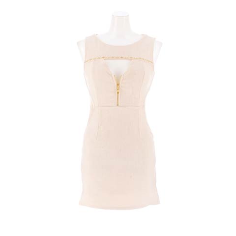 2/16新作!美谷間デコルテビジュー×ウエストシアーのファスナー付きツイードミニ丈キャバドレス[SML/3サイズ展開](ベージュ-Sサイズ)