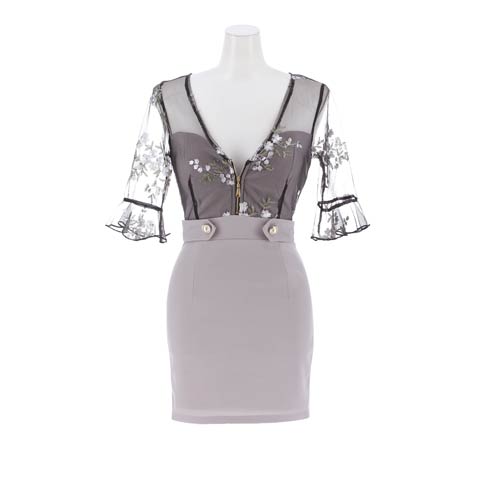 2/24新作!フロントジップドッキングシアーフラワー五分袖イトミニ丈キャバドレス[SML/3サイズ展開][伊藤桃々着用](パープルグレー-Sサイズ)