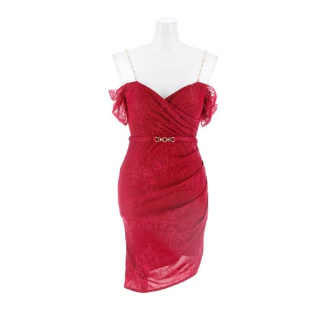 2/4新作!ベルトモチーフ付き高見え総レースオフショルタイトミニ丈キャバドレス[SML/3サイズ展開](ワインレッド-Sサイズ)