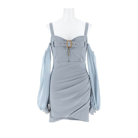 4/24新作!谷間ジップ×オフショルで大人色気♪ベルトデザインがクールに映える長袖タイトミニ丈キャバドレス[SML/3サイズ展開](ブルーグレー-Sサイズ)