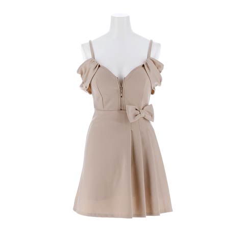 3/16新作!ウエストリボンがCUTEなオフショルリボンのプリーツAラインミニ丈キャバドレス[SML/3サイズ展開](ベージュ-Sサイズ)