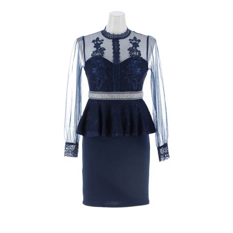 2/20新作!着た瞬間《美くびれ》爆誕ペプラムシアー長袖タイトミニ丈キャバドレス[M～LL/3サイズ展開][伊藤桃々着用](ネイビー-Mサイズ)