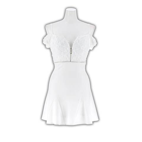 3/2新作!デコルテ魅せして小顔効果◎フロントジップレースビジューオフショルAラインミニ丈キャバドレス[SML/3サイズ展開](ホワイト-Sサイズ)