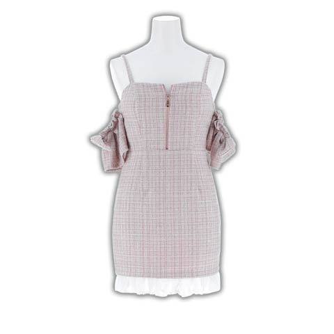 3/27新作!あざと可愛いチェックツイード♪谷間魅せジップのオフショルタイトミニ丈キャバドレス[SML/3サイズ展開](ホワイトXピンク-Sサイズ)
